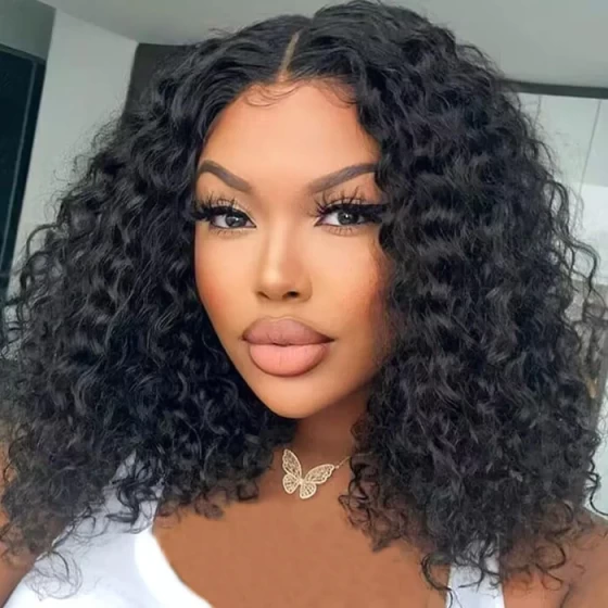 Water Wave 4x4 HD Lace Closure Blunt Cut Short Bob Wig Lace Front Curly Human Hair Wigs